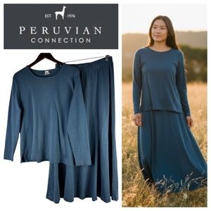 Peruvian Connection 2 pc. Set Skirt Shirt Top Sz L / XL Teal Blue Minimalist